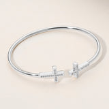 Stainless Steel Stone Paved Cross Tip Cuff Bracelet