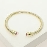 14K Gold Plated CZ Stone Tip Twisted Cable Cuff Bracelet