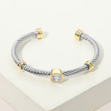 Square Stone Bezel Accent Two Tone Twisted Cable Cuff Bracelet