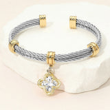 CZ Stone Quatrefoil Charm Dangle Cuff Bracelet