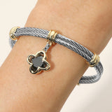 CZ Stone Quatrefoil Charm Dangle Cuff Bracelet
