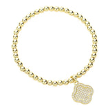 CZ Stone Paved Quatrefoil Charm Stainless Steel Ball Stretch Bracelet