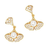 Pearl Accented CZ Gold Dipped Ginkgo Leaf Dangle Earrings