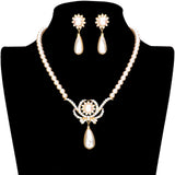 Stone Embellished Metal Pearl Link Necklace Earring Set