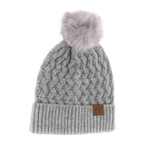 Woven Cable Knit Cuffed Matching Fur Pom C.C Beanie
