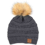 C.C Solid Ribbed Knit Beanie with Pom