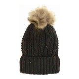 Fuzzy Lined Flecked Fur Pom C.C Beanie