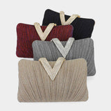 Sparkle Fabric Stone Paved V Fold Evening Clutch Crossbody Bag