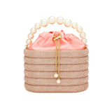 Bling Pearl Top Handle Drawstring Box Crossbody Bag