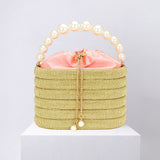Bling Pearl Top Handle Drawstring Box Crossbody Bag