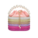 Bling Pearl Top Handle Drawstring Box Crossbody Bag