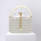 Bling Pearl Top Handle Drawstring Box Crossbody Bag