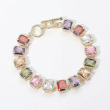 14K Gold Plated CZ Emerald Cut Stone Cluster Link Evening Toggle Bracelet