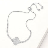 CZ Stone Paved Quatrefoil Accent Pull Tie Adjustable Bracelet