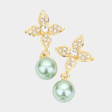 Elegant Floral Motif Crystal Pearl Drop Earrings