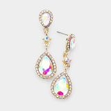 Double Teardrop Stone Accented Dangle Evening Earrings
