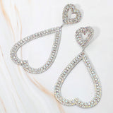 Bold Rhinestone Studded Open Heart Drop Dangle Statement Evening Earrings