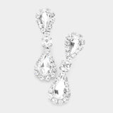 Double Teardrop Accented Rhinestone Trimmed Dangle Evening Earrings