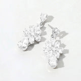 Flower CZ Stone Cluster Teardrop Dangle Evening Earrings