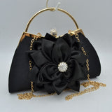 Evening Clutch Bag with Large Fabric Flower and Metal Top Handle