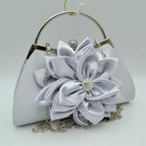 Evening Clutch Bag with Large Fabric Flower and Metal Top Handle