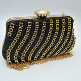 Rhinestone Evening Clutch Bag with Wavy Gold Trim and Chain Strap