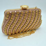 Rhinestone Evening Clutch Bag with Wavy Gold Trim and Chain Strap