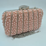Beaded Evening Clutch Bag with Rhinestone Stripes and Chain Strap