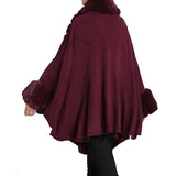 Elegant Faux Fur Trim Collar Cuffs Knit Poncho Ruana