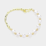 Pearl Station Pointed Hammered Metal Bracelet