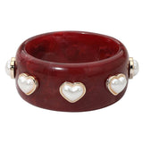 Pearl Heart Cluster Accent Wide Marbled Resin Bangle Bracelet