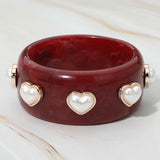 Pearl Heart Cluster Accent Wide Marbled Resin Bangle Bracelet