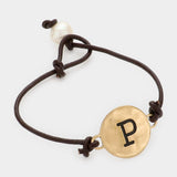-P- Initial Monogram Metal Disc Pearl Pointed Bracelet