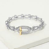 14K Gold Plated Two Tone CZ Pavel Oval Accent Industrial Link Hinged Bangle Bracelet