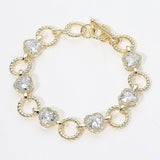 14K Gold Plated CZ Heart Charm Link Toggle Bracelet