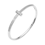 Silver Plated CZ Stone Paved T-bar Hinged Bangle Bracelet