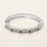 14K Gold Plated CZ Bezel Station Accent Textured Hinged Bangle Bracelet