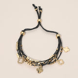 Quatrefoil Charm Beaded Multi Layered Cord Adjustable Cinch Pull Tie Bracelet