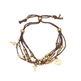 Cross Charm Beaded Multi Layered Cord Adjustable Cinch Pull Tie Bracelet