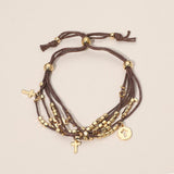 Cross Charm Beaded Multi Layered Cord Adjustable Cinch Pull Tie Bracelet
