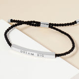 White Gold Dipped DREAM BIG Message Bar Pointed Rope Adjustable Cinch Pull Tie Bracelet