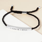White Gold Dipped I CAN I WILL Message Bar Pointed Rope Adjustable Cinch Pull Tie Bracelet