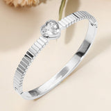 Stainless Steel Heart Stone Accent Hinged Bangle Bracelet