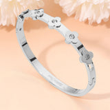 Stainless Steel CZ Stone Accent Quatrefoil Motif Hinged Bangle Bracelet