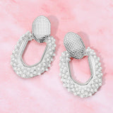 Textured Metal Pearl Embellished Geometric Ring Door Knocker Earrings