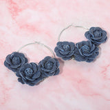 Bold Triple Denim Fabric Rose Beaded Hoop Earrings