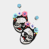 Triple Flower Sequin Seed Beaded Skull Dangle Earrings