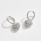White Gold Dipped Mini CZ Pearl Pave Heart Charm Drop Huggie Hoop Earrings