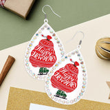 Happy New Year Message Printed Stone Trimmed Metal Teardrop Dangle Earrings