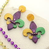 Glittered Resin Mardi Gras Fleur de Lis Dangle Earrings